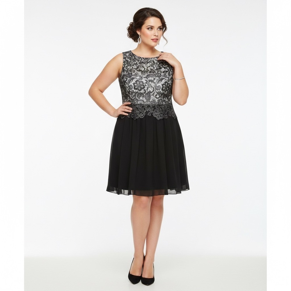 London Times Fit Flare Cocktail Dress Jewel-Neck Regalcore Romantic Sz14 Black